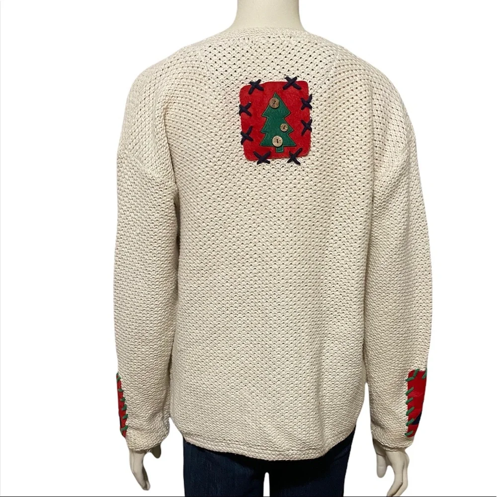 EAGLE'S EYE Vintage Cream Holiday Tree Felt Color Block Cardigan L - Picture 2 of 9